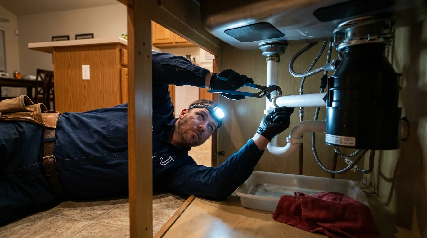 P-trap and supply line connections under a kitchen sink showing a common leak point in Syracuse, NY